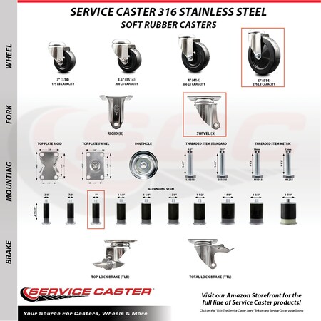 Service Caster 5 Inch 316SS Soft Rubber Swivel 1 Inch Stem Caster Lock Brake SCC, 2PK SCC-SS316TTLEX20S514-SRS-2-S-2-1